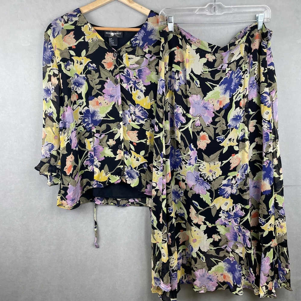 Requirements Vintage 90s Grunge Floral Skirt Set Black Purple Rayon 2pc‎ M Boho